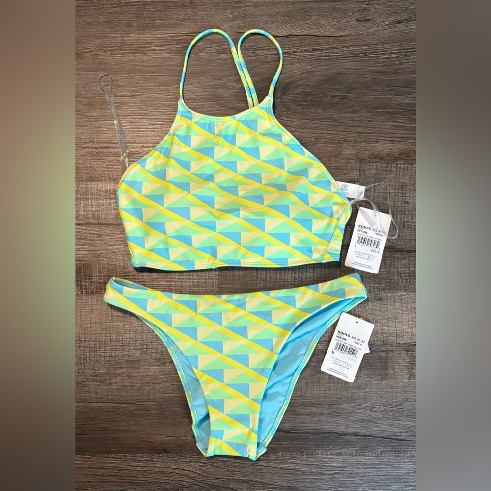 Geometric Yellow and Blue Bikini Set; Top Size Large, Bottoms Size Medium
